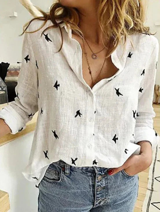 Women's Bird Print Long Sleeve Blouse Outfit for Work Brunch Casual Days and Everyday Wear
