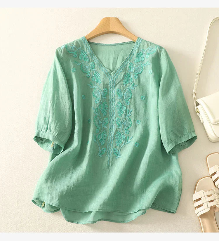 Women's V-Neck Embroidered Blouse Outfit for Work Brunch Casual Days and Everyday Wear