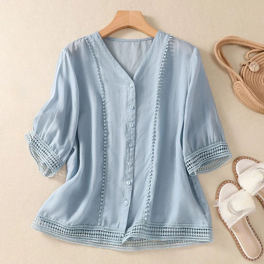 Women's V-Neck Lace Trim Blouse Outfit for Work Brunch Casual Days and Everyday Wear