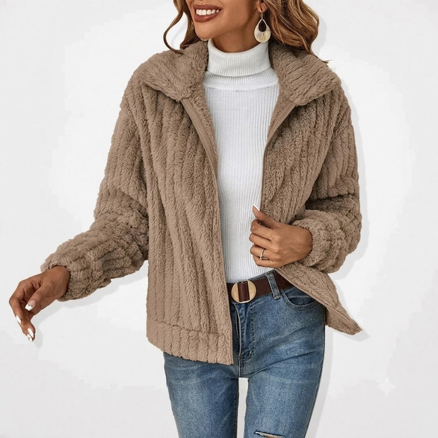 Women's Plush Notched Collar Zip-Up Cardigan Relaxed Fit Layering Casual
