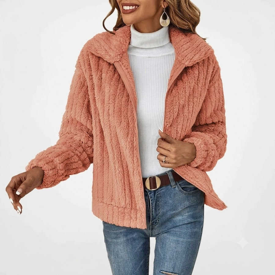 Women's Plush Notched Collar Zip-Up Cardigan Relaxed Fit Layering Casual