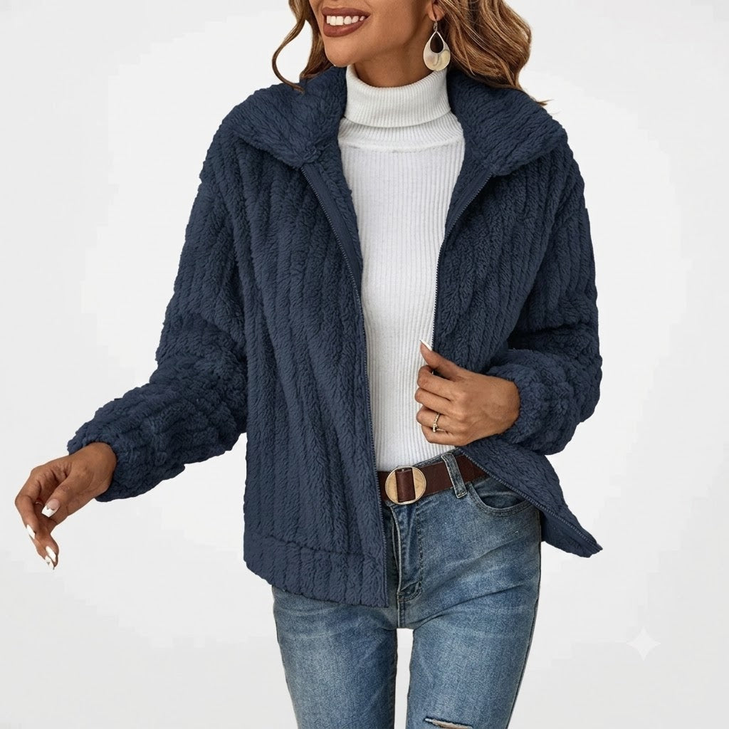 Women's Plush Notched Collar Zip-Up Cardigan Relaxed Fit Layering Casual
