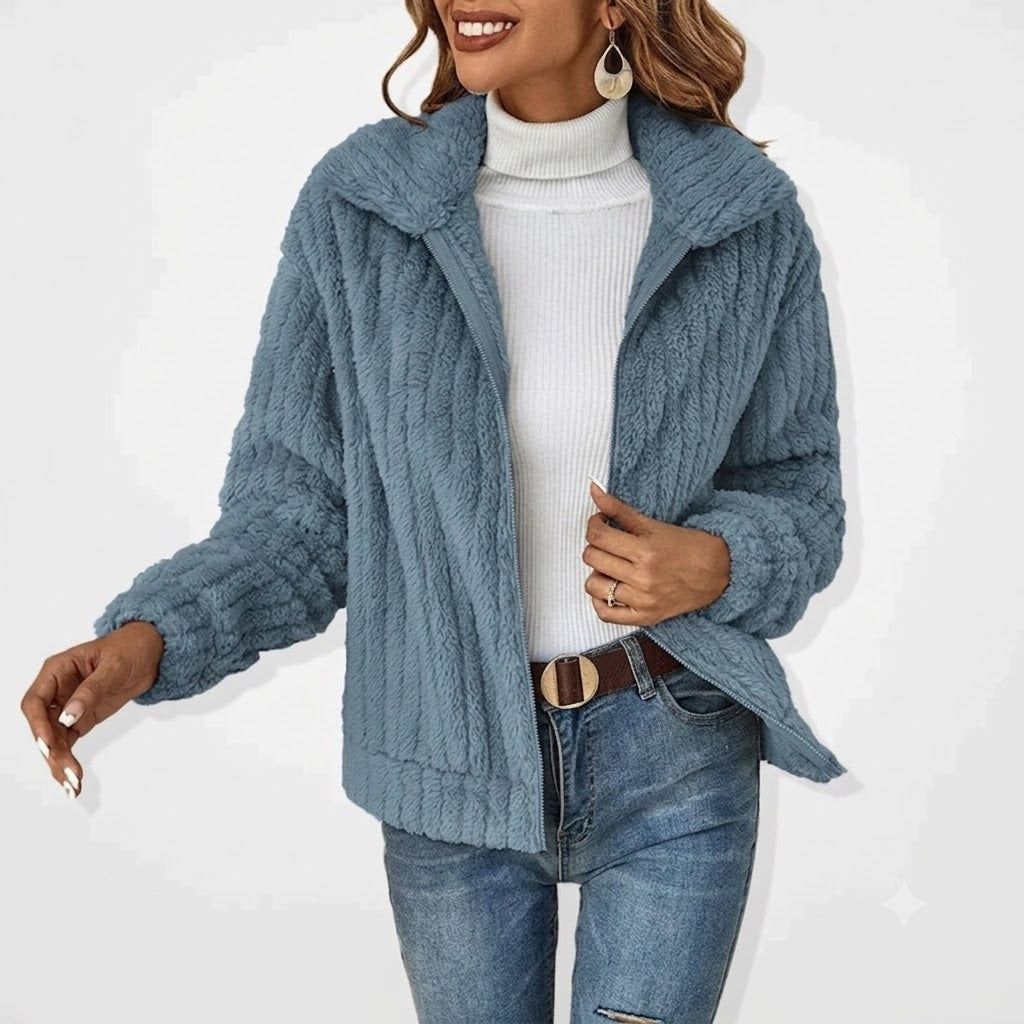 Women's Plush Notched Collar Zip-Up Cardigan Relaxed Fit Layering Casual