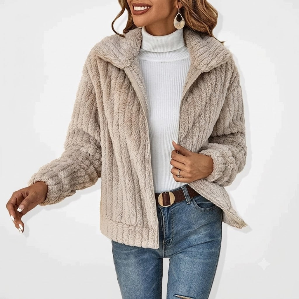 Women's Plush Notched Collar Zip-Up Cardigan Relaxed Fit Layering Casual
