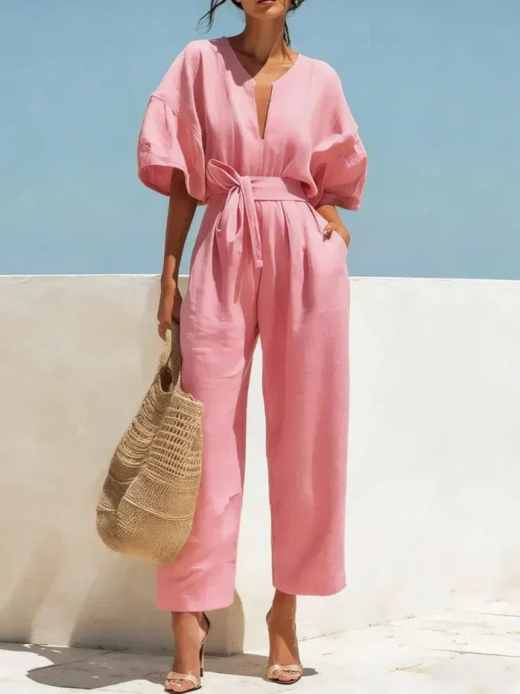 Women's Summer Linen Casual Jumpsuit Outfit for Summer Holidays Parties Brunch and Everyday Wear