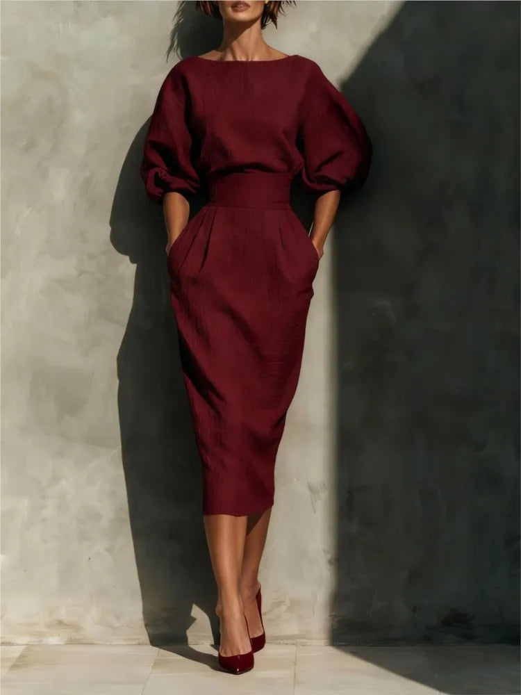Women's Midi Dress Pleated Lantern Sleeve Elegant Occasion Wear