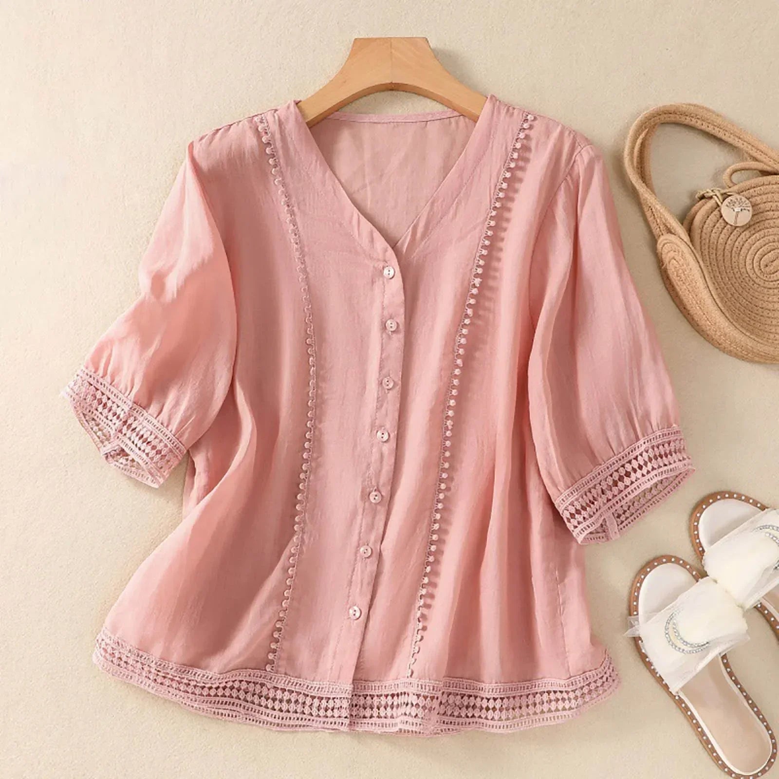 Women's V-Neck Lace Trim Blouse Outfit for Work Brunch Casual Days and Everyday Wear
