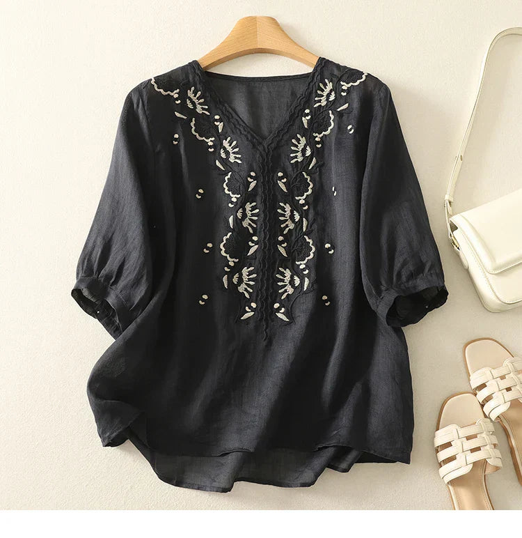Women's V-Neck Embroidered Blouse Outfit for Work Brunch Casual Days and Everyday Wear