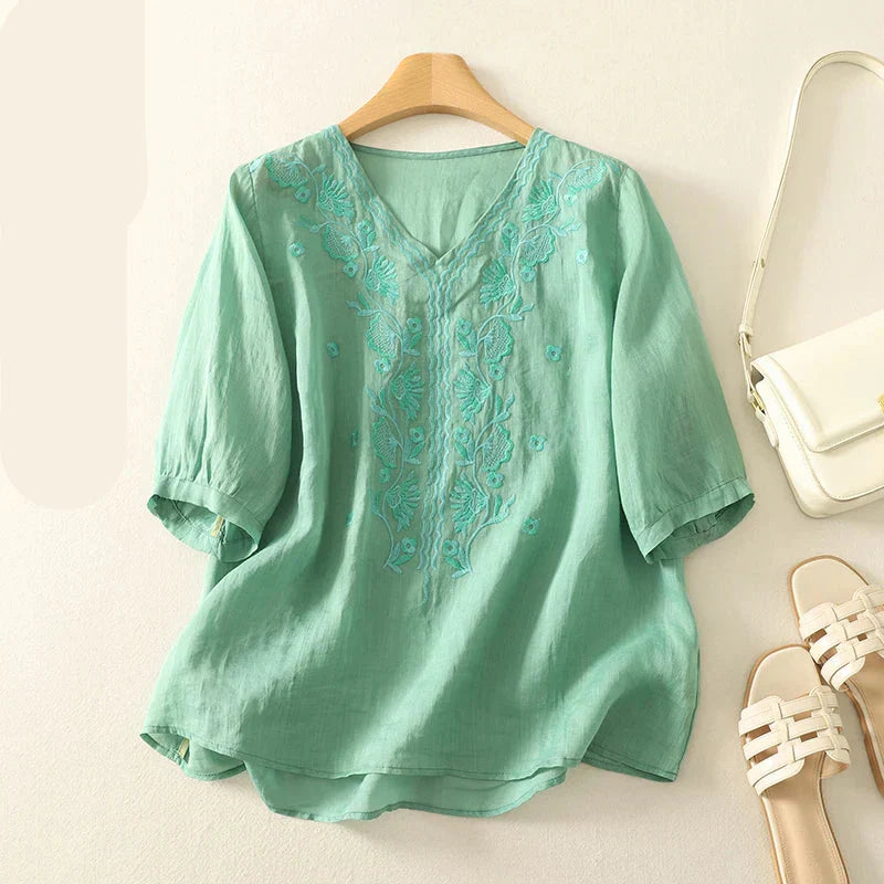 Women's V-Neck Embroidered Blouse Outfit for Work Brunch Casual Days and Everyday Wear