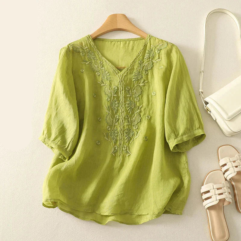 Women's V-Neck Embroidered Blouse Outfit for Work Brunch Casual Days and Everyday Wear