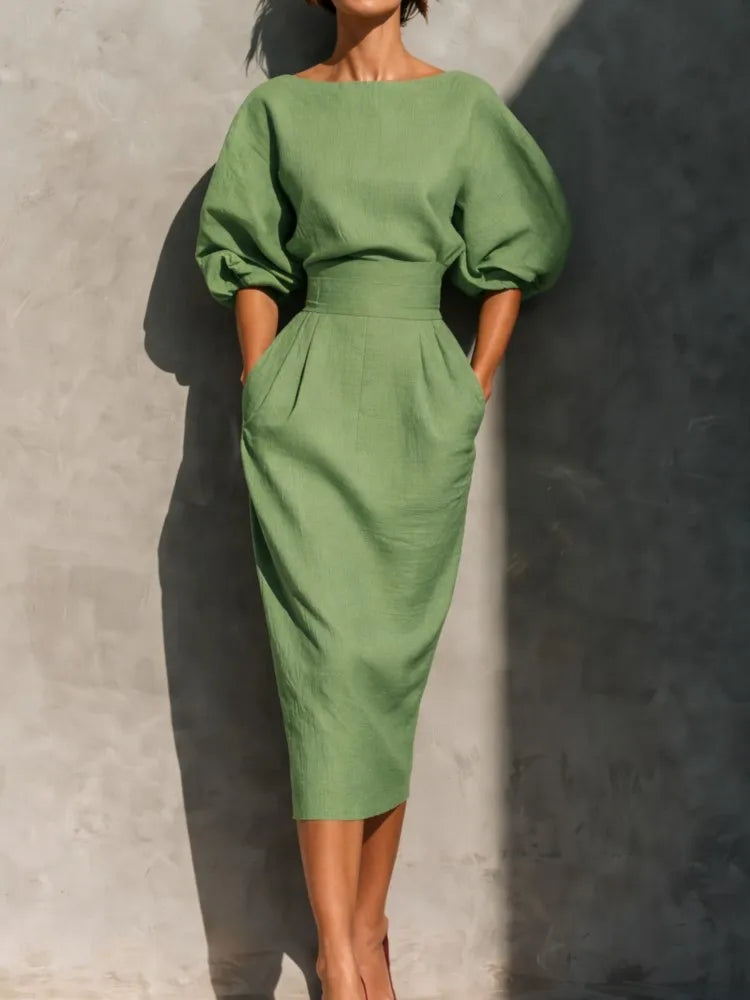 Women's Midi Dress Pleated Lantern Sleeve Elegant Occasion Wear