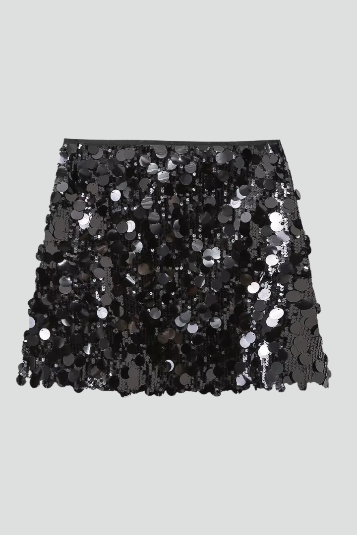 Women's Sparkling Fitted Mini Skirt Outfit for Work Brunch Parties Holidays and Everyday Wear