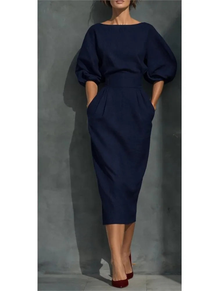 Women's Midi Dress Pleated Lantern Sleeve Elegant Occasion Wear