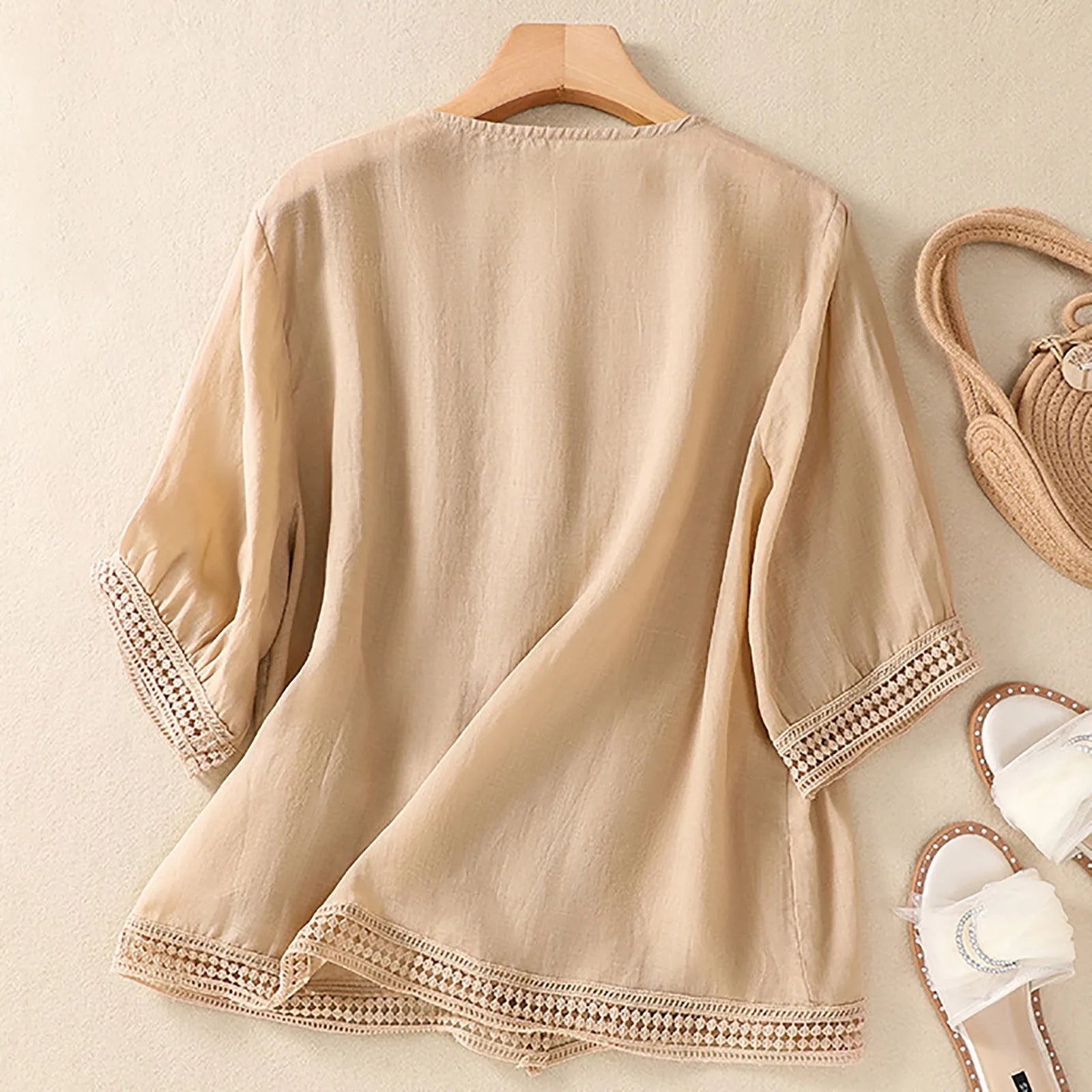 Women's V-Neck Lace Trim Blouse Outfit for Work Brunch Casual Days and Everyday Wear