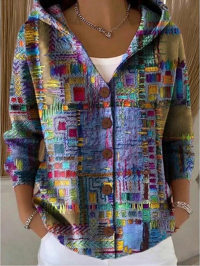 Women's Hooded Cardigan Multicolor Print Button Closure Casual Layering