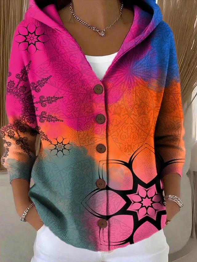 Women's Hooded Cardigan Multicolor Print Button Closure Casual Layering