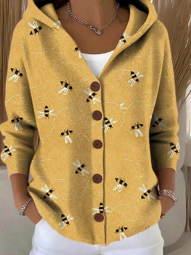 Women's Hooded Cardigan Multicolor Print Button Closure Casual Layering