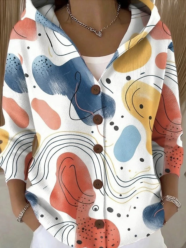 Women's Hooded Cardigan Multicolor Print Button Closure Casual Layering