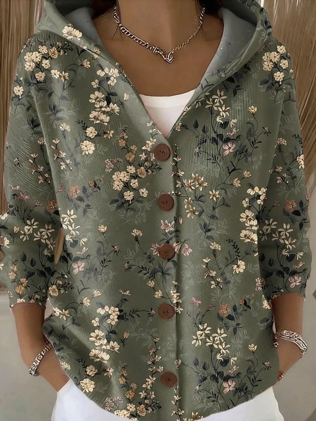 Women's Hooded Cardigan Multicolor Print Button Closure Casual Layering