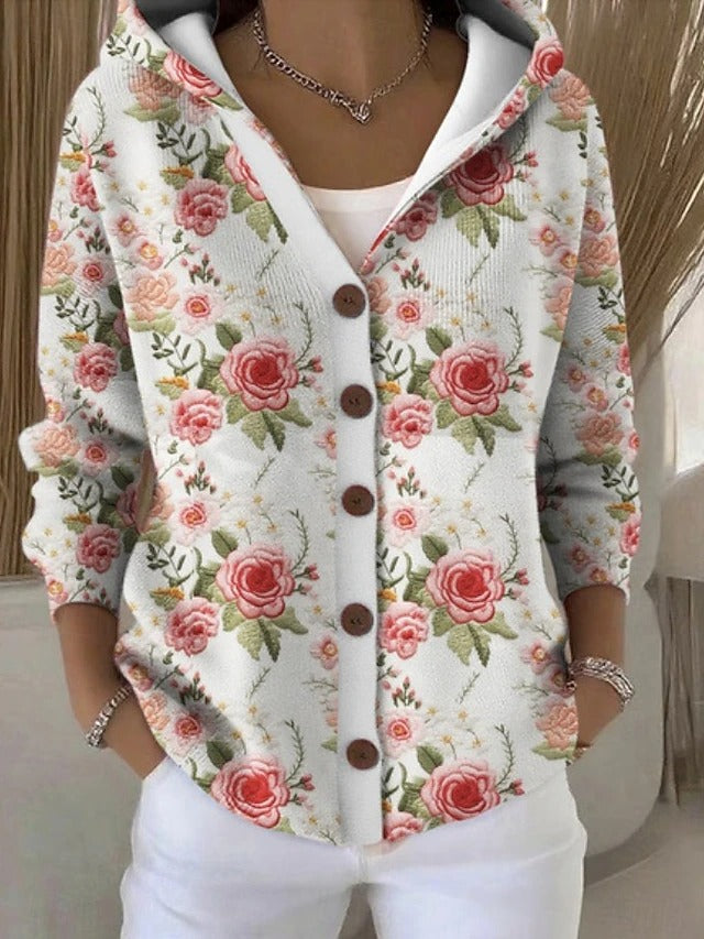 Women's Hooded Cardigan Multicolor Print Button Closure Casual Layering