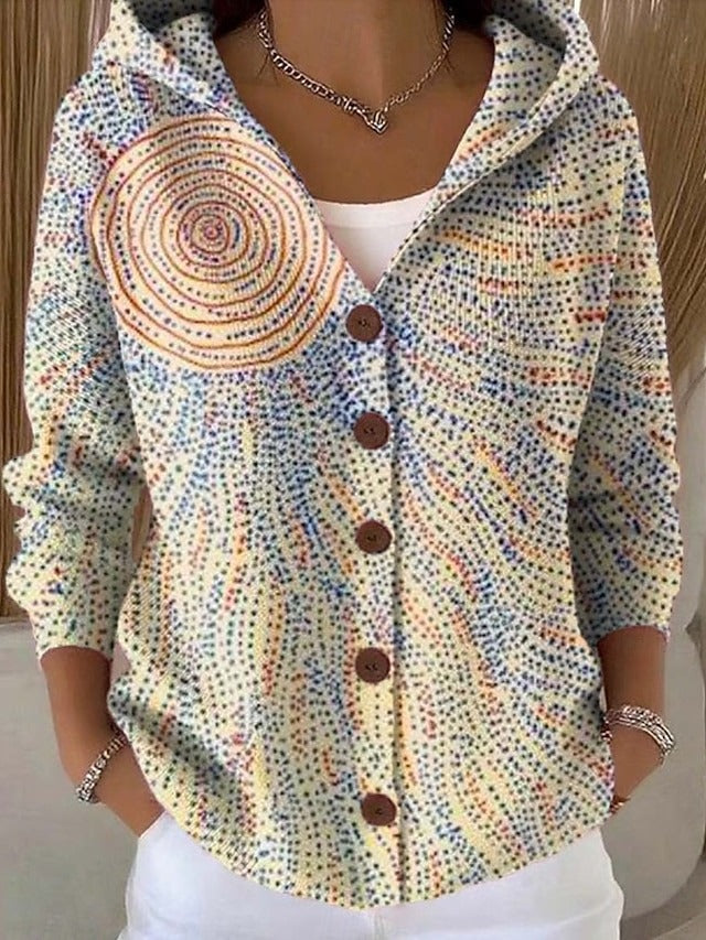Women's Hooded Cardigan Multicolor Print Button Closure Casual Layering