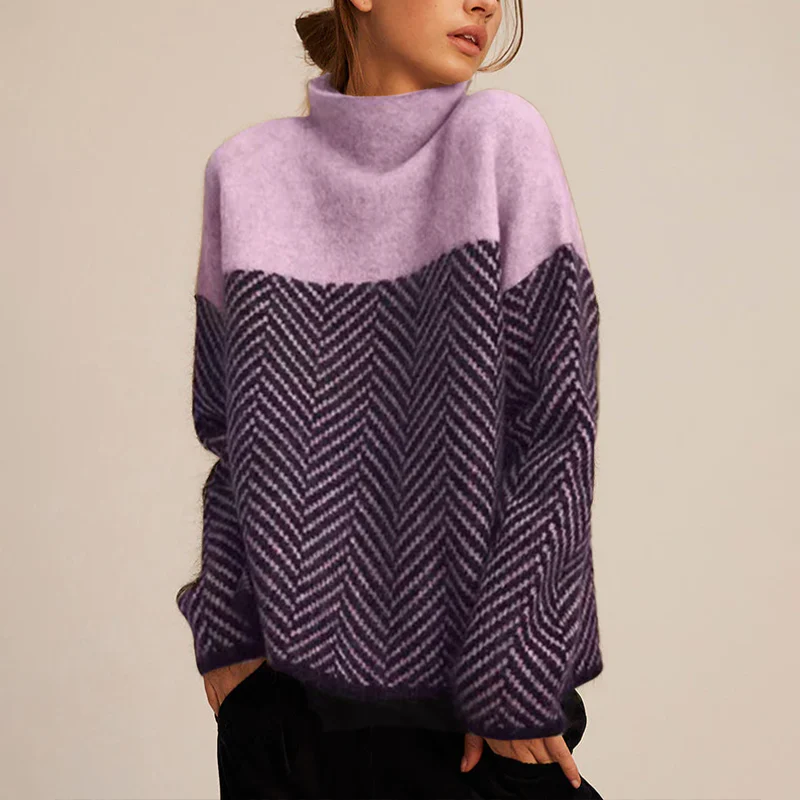 Women's Turtleneck Sweater Herringbone Pattern Fitted Long Sleeve Casual