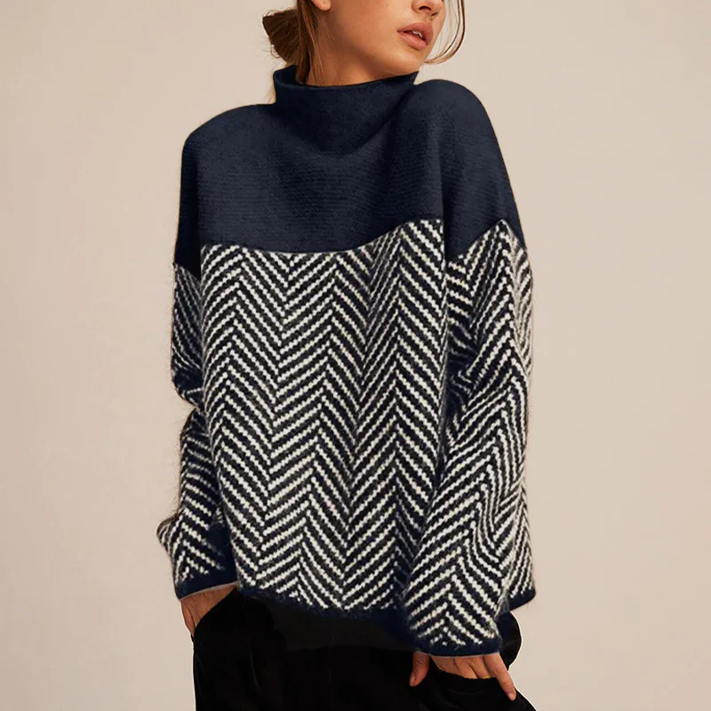 Women's Turtleneck Sweater Herringbone Pattern Fitted Long Sleeve Casual