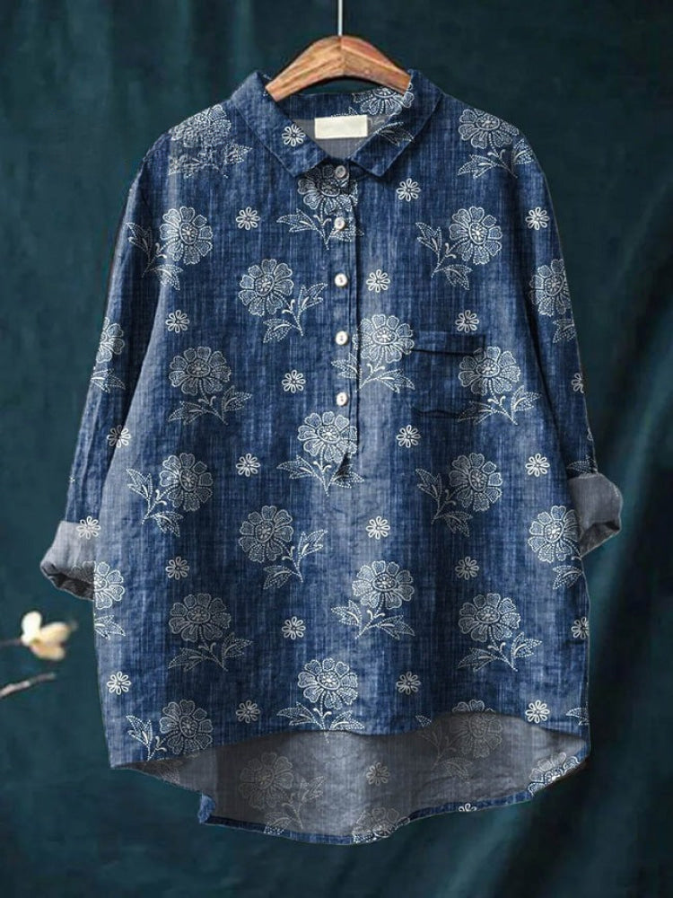 Women's Floral Embroidered Eye-Catching Style Shirt Outfit for Work Brunch Casual Days and Everyday Wear