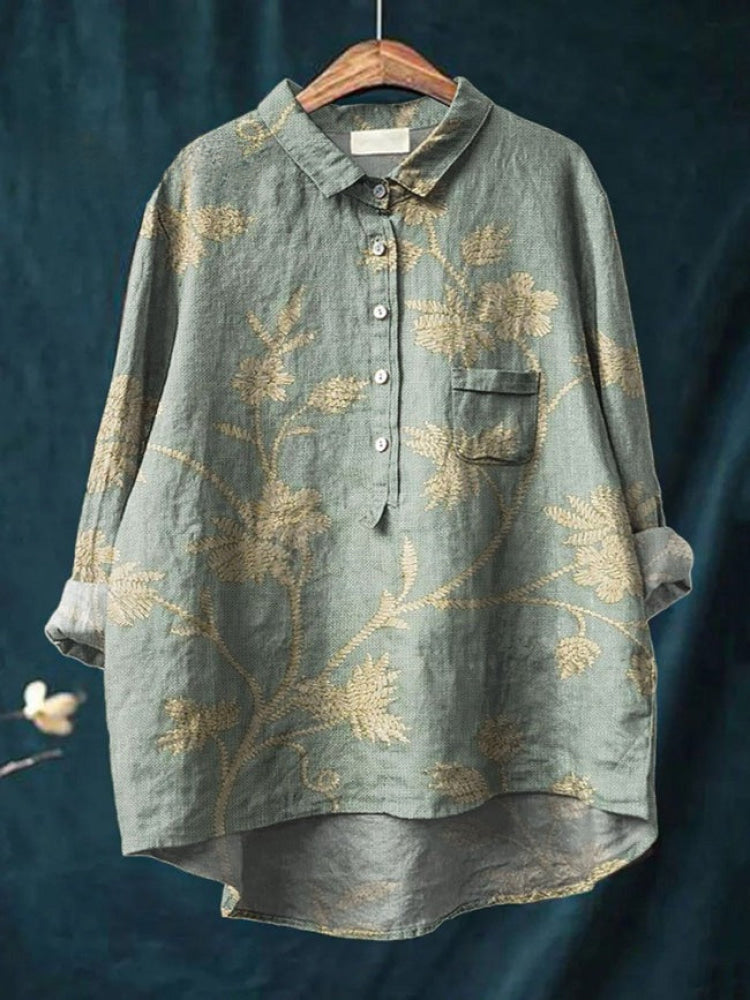 Women's Floral Embroidered Eye-Catching Style Shirt Outfit for Work Brunch Casual Days and Everyday Wear