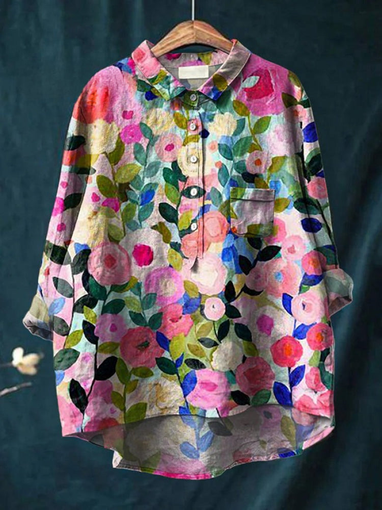 Women's Floral Embroidered Eye-Catching Style Shirt Outfit for Work Brunch Casual Days and Everyday Wear