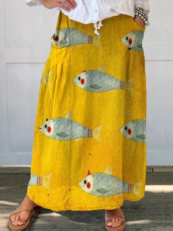 Women's Artistic Fish Print Vintage Skirt Outfit for Work Brunch Parties Holidays and Everyday Wear