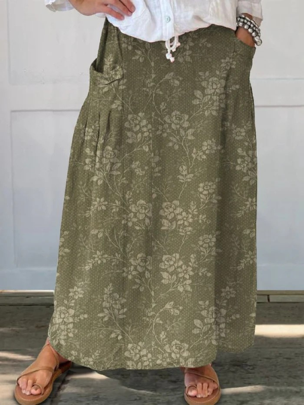 Women's Vintage Floral Pocket Elastic Waistband Skirt Outfit for Work Brunch Parties Holidays and Everyday Wear