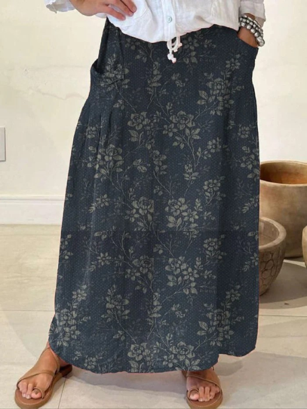 Women's Vintage Floral Pocket Elastic Waistband Skirt Outfit for Work Brunch Parties Holidays and Everyday Wear