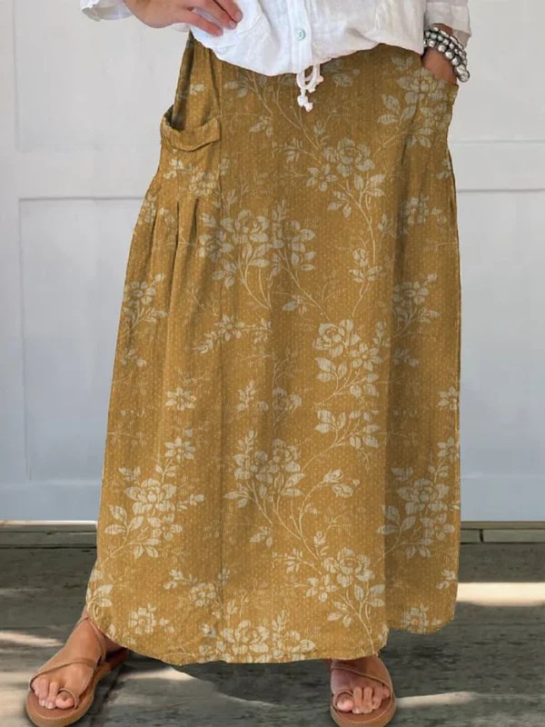 Women's Vintage Floral Pocket Elastic Waistband Skirt Outfit for Work Brunch Parties Holidays and Everyday Wear