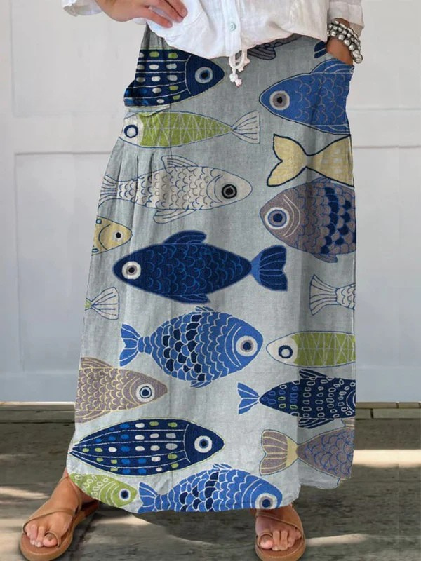 Women's Artistic Fish Print Pocket Skirt Outfit for Work Brunch Parties Holidays and Everyday Wear