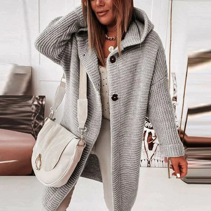 Women's Long Cardigan Hooded Button Placket Relaxed Fit Layering Cozy Casual
