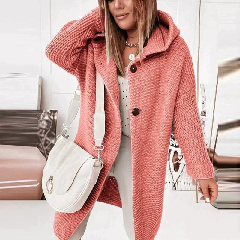 Women's Long Cardigan Hooded Button Placket Relaxed Fit Layering Cozy Casual