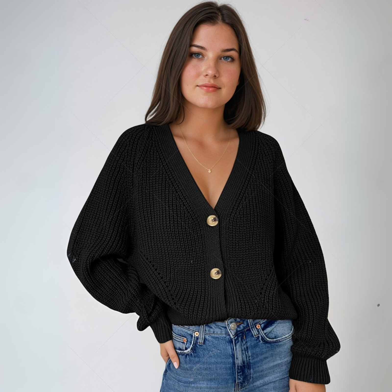 Women's Knit V-Neck Cardigan Long Sleeve Relaxed Fit Everyday Layering