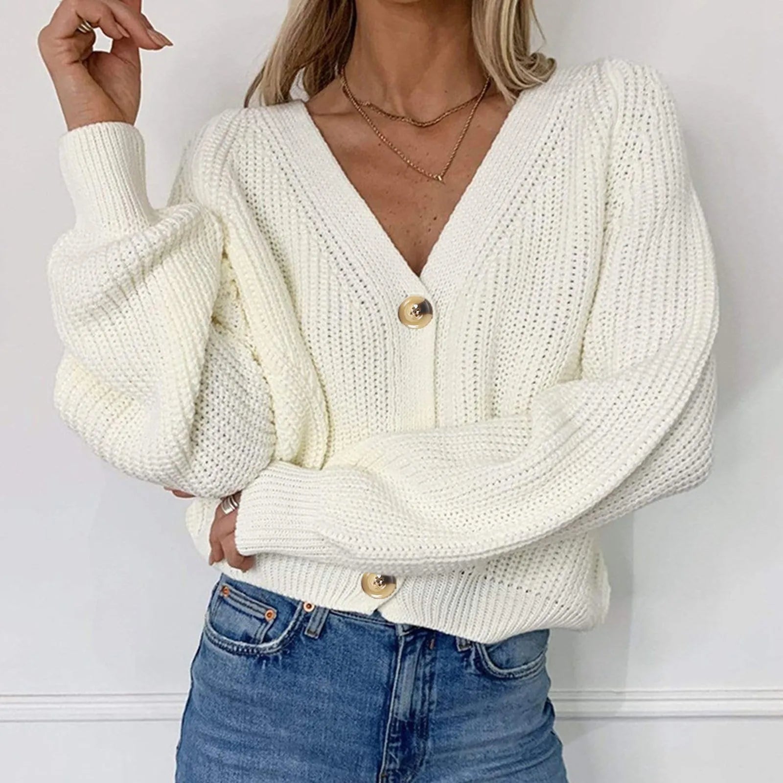 Women's Knit V-Neck Cardigan Long Sleeve Relaxed Fit Everyday Layering