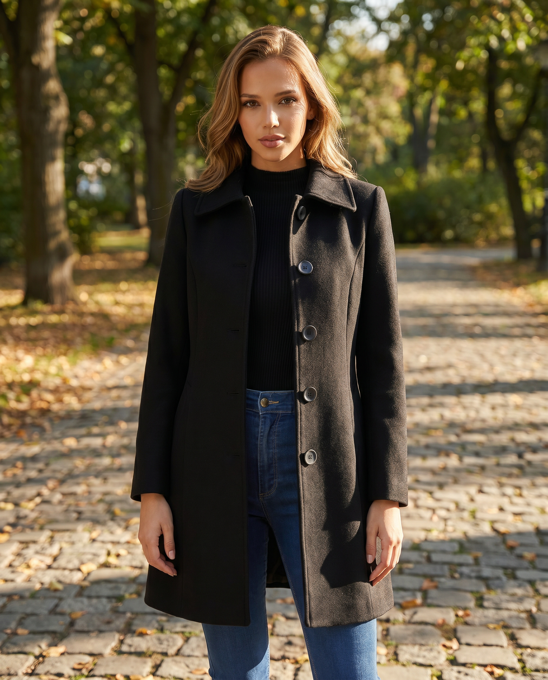 Women's Knee-Length Coat Single-Breasted Turn Down Collar Side Pockets Stylish Outerwear