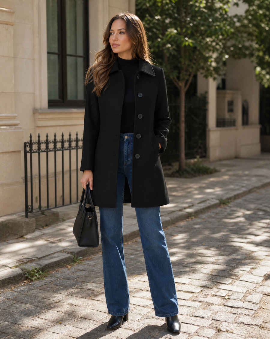 Women's Knee-Length Coat Single-Breasted Turn Down Collar Side Pockets Stylish Outerwear