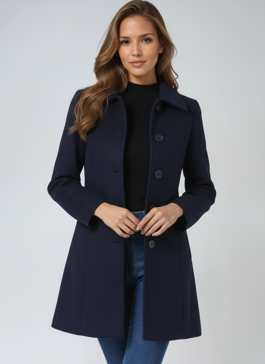 Women's Knee-Length Coat Single-Breasted Turn Down Collar Side Pockets Stylish Outerwear