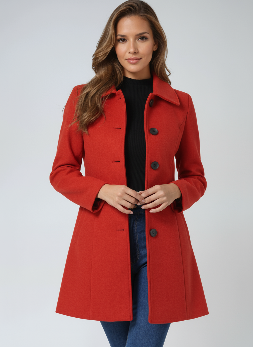 Women's Knee-Length Coat Single-Breasted Turn Down Collar Side Pockets Stylish Outerwear