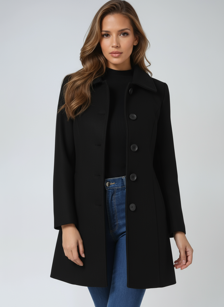 Women's Knee-Length Coat Single-Breasted Turn Down Collar Side Pockets Stylish Outerwear