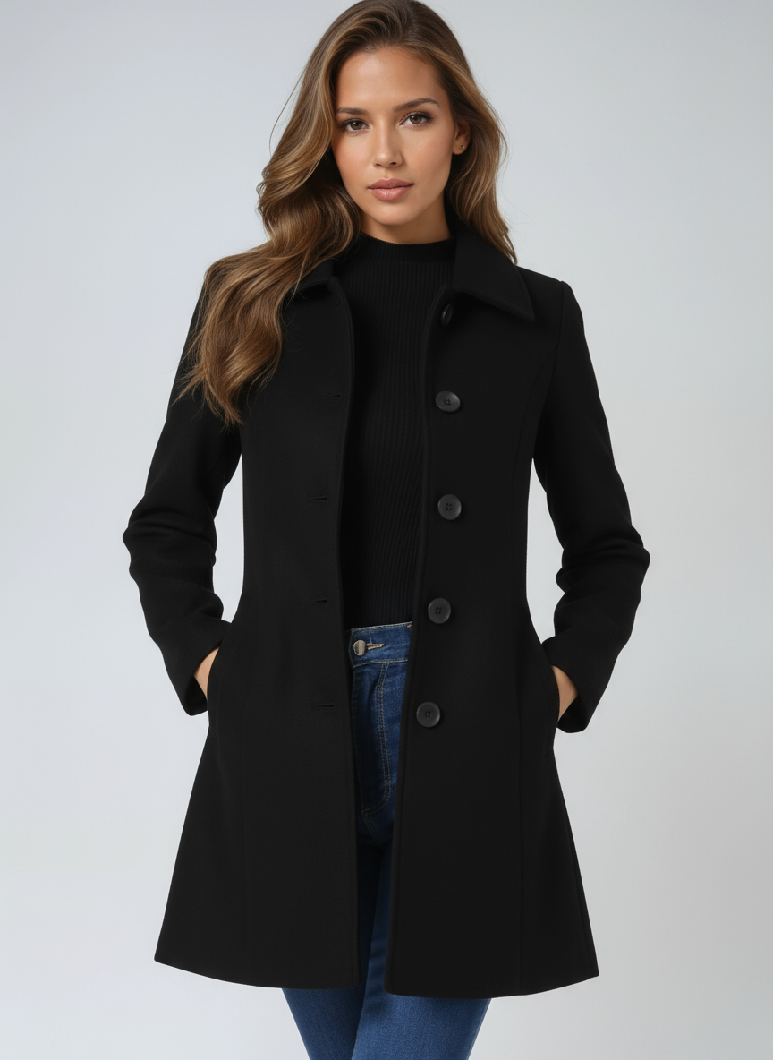 Women's Knee-Length Coat Single-Breasted Turn Down Collar Side Pockets Stylish Outerwear