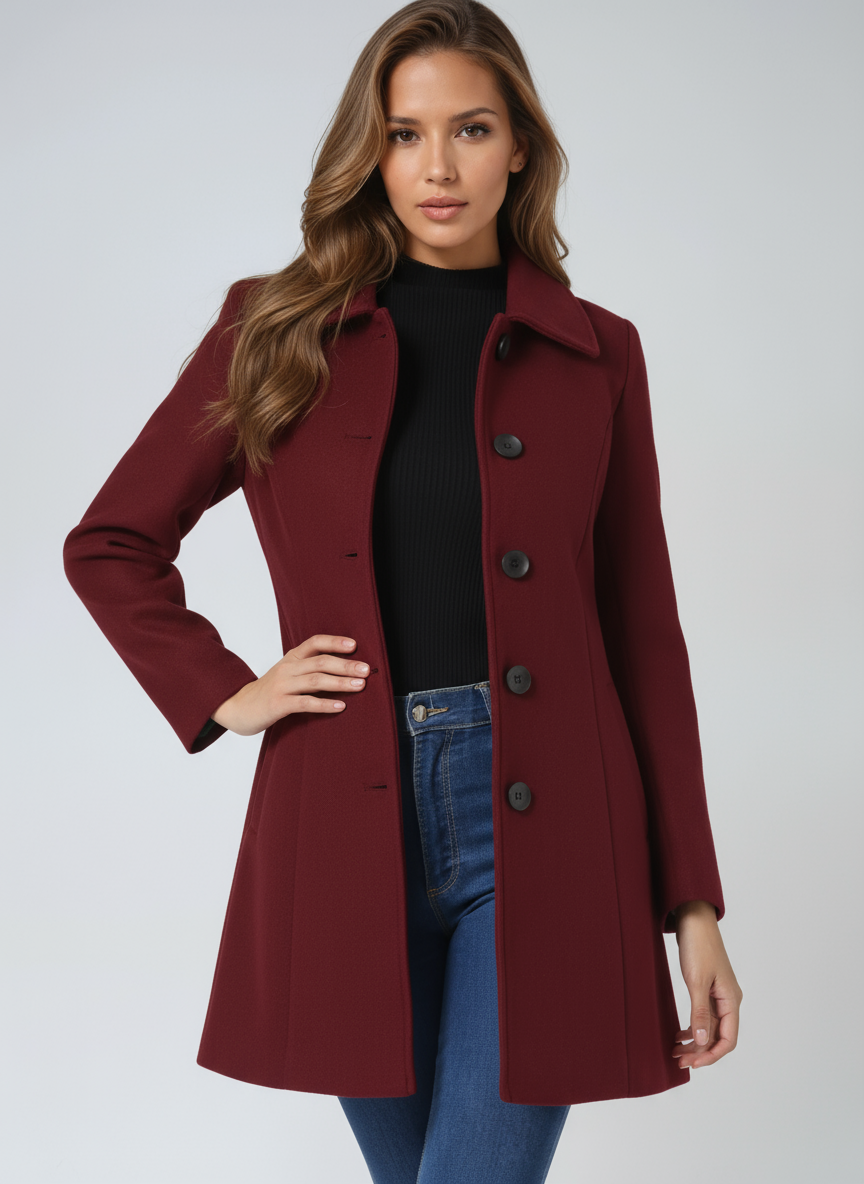 Women's Knee-Length Coat Single-Breasted Turn Down Collar Side Pockets Stylish Outerwear