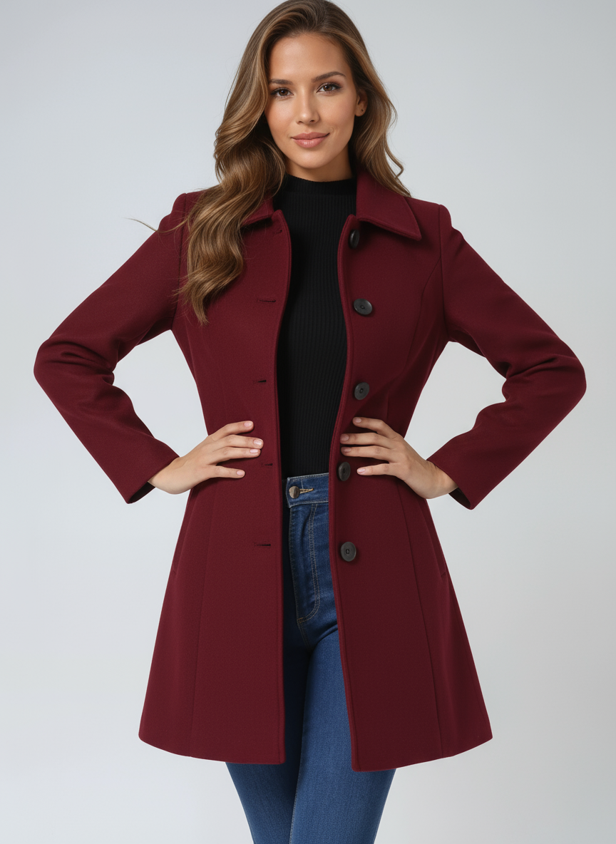 Women's Knee-Length Coat Single-Breasted Turn Down Collar Side Pockets Stylish Outerwear