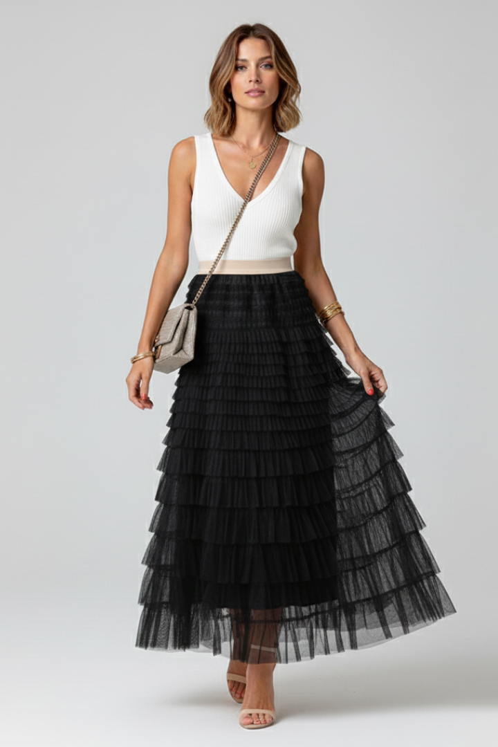 Women's Layered Midi Skirt Outfit for Work Brunch Parties Holidays and Everyday Wear