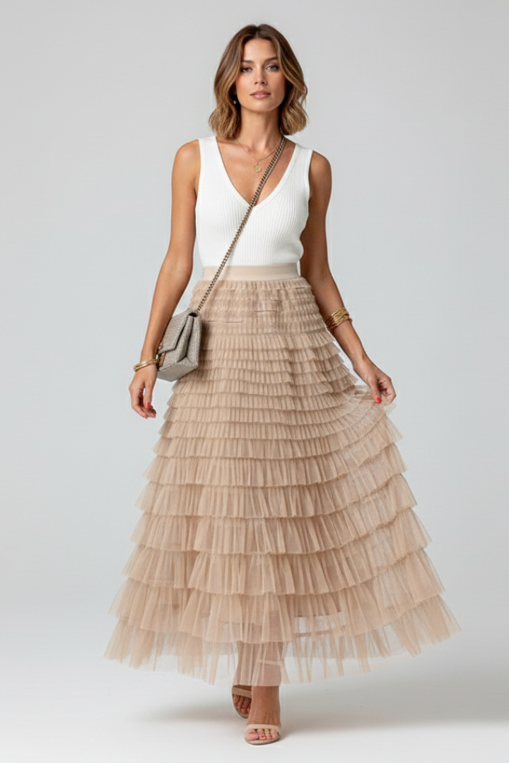 Women's Layered Midi Skirt Outfit for Work Brunch Parties Holidays and Everyday Wear