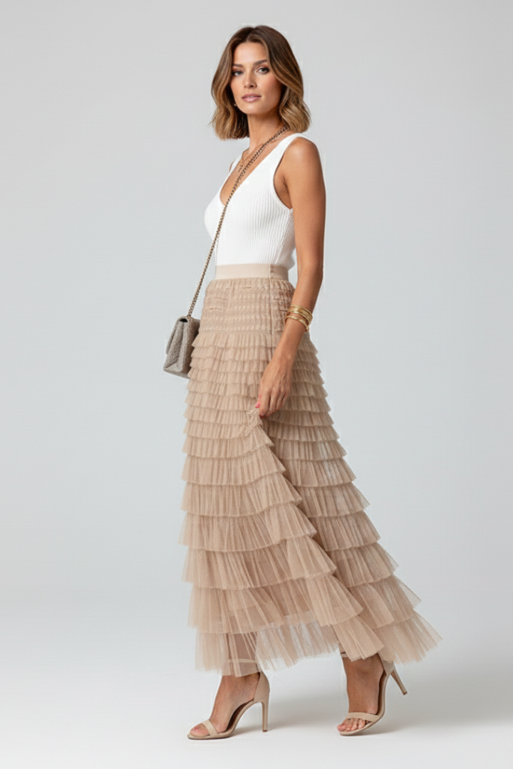 Women's Layered Midi Skirt Outfit for Work Brunch Parties Holidays and Everyday Wear
